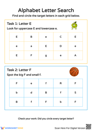 Alphabet Letter Search Worksheet: Find E and F