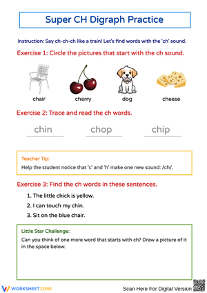 CH Digraph Practice Phonics Worksheet