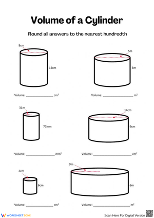 Calculating Volume of a Cylinder Worksheets
