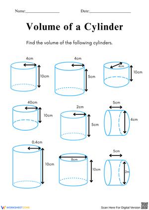 Volume of a Cylinder Worksheet