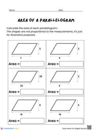 Calculating Area of a Parallelogram Worksheets