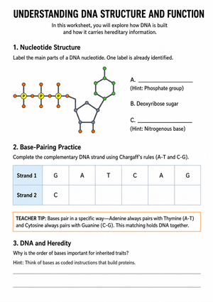 Printable DNA Structure Worksheet | Grade 9 Biology