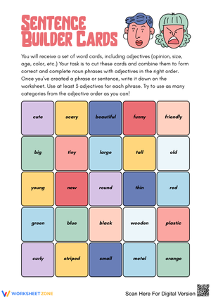 Sentence Builder Cards and Sentence Building Worksheet