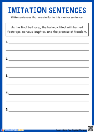 Imitation Sentences Writing Worksheet Using Mentor Sentences
