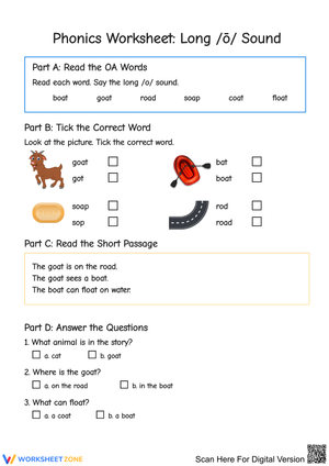 Phonics Worksheet: Long /ō/ Sound (OA Words)