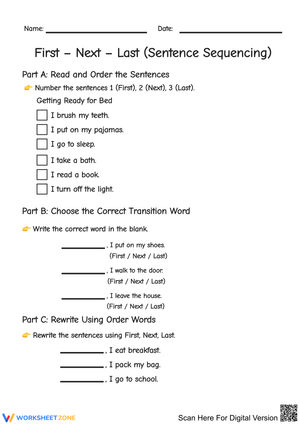 First – Next – Last Sentence Sequencing Worksheet