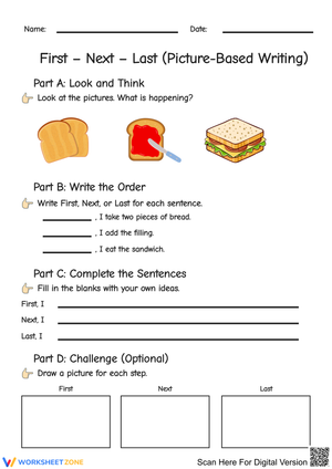 First – Next – Last Picture-Based Writing Worksheet
