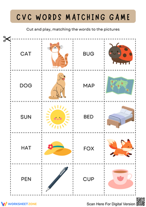 CVC Words Matching Game Worksheet for Early Readers