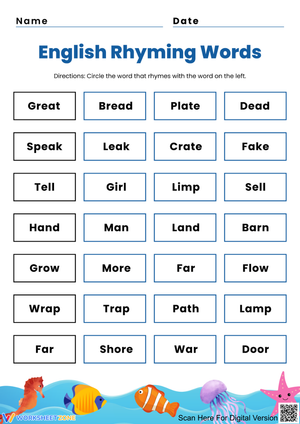 English Rhyming Words Worksheet for Early Readers