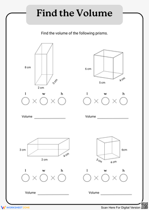 Find the Volume of Prisms Worksheet