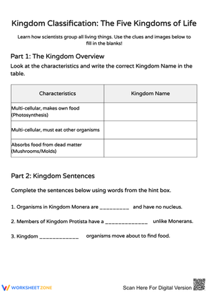 Five Kingdoms of Life Worksheet
