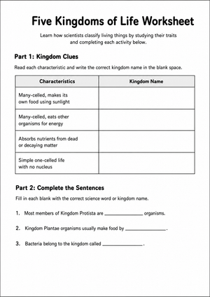 Essential Five Kingdoms of Life Worksheet | Grades 5-7