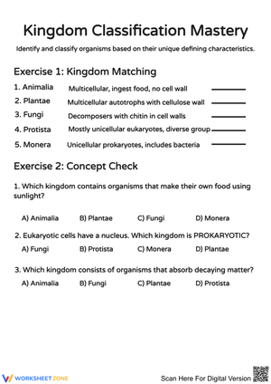 Kingdom Classification Mastery Worksheet