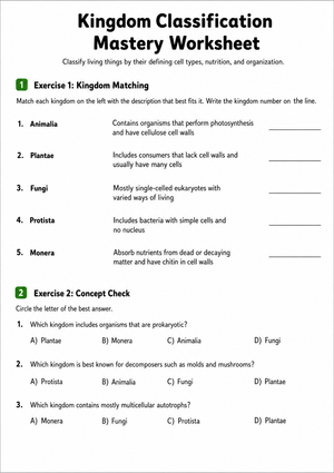 Kingdom Classification Printable Worksheet | Grades 6-8