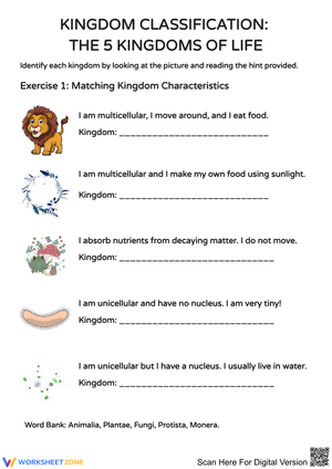 The 5 Kingdoms of Life Worksheet