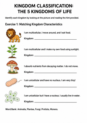 Grade 5-7 5 Kingdoms of Life — Printable No-Prep Worksheet