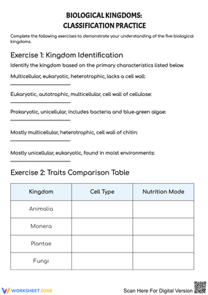 Biological Kingdoms Classification Worksheet