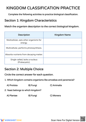Kingdom Classification Practice Worksheet