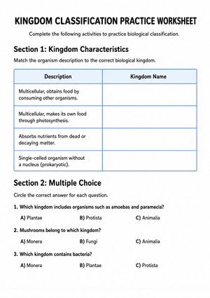 Printable Kingdom Classification Worksheet | Grades 6-8