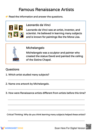 Famous Renaissance Artists Reading Worksheet
