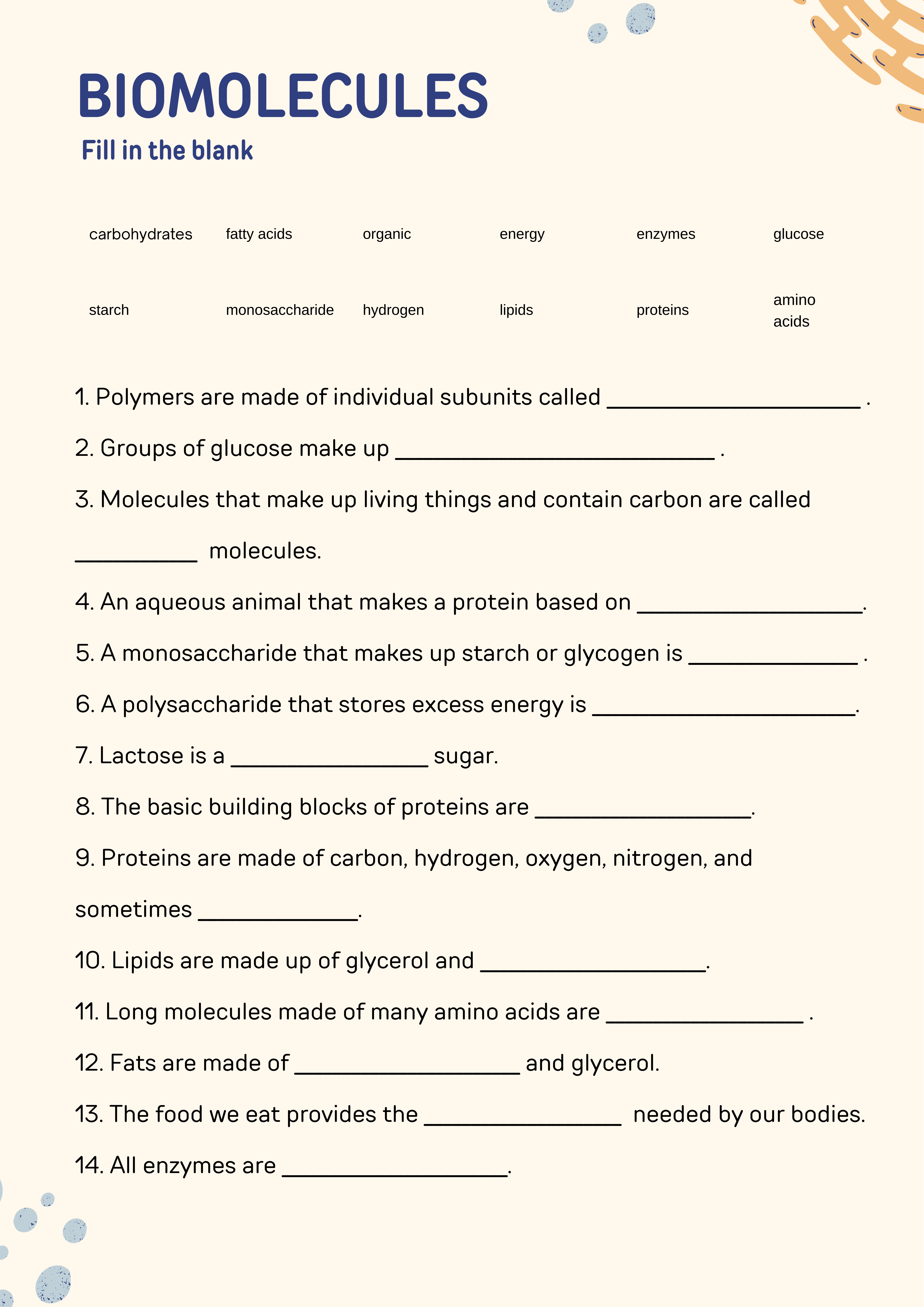Exploring Biomolecules: Fill in the Blanks and Match