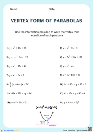 Vertex Form of Parabolas Worksheet