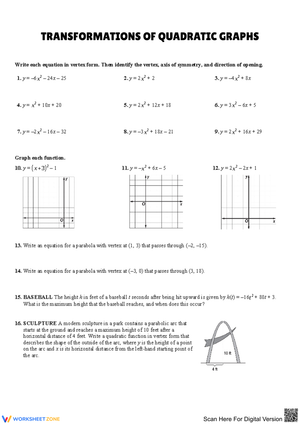 Transformations of Quadratic Graphs Worksheet