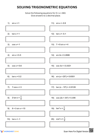 Solving Trigonometric Equations Worksheet