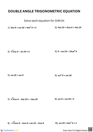 Double Angle Trigonometric Equations Worksheet