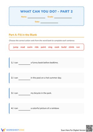 What Can You Do? - Part 2: Action Verbs and Creative Writing Worksheet