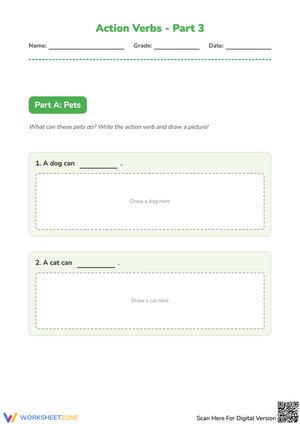 Action Verbs - Part 3: Animal Actions Writing and Drawing Worksheet
