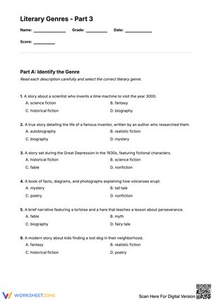 Literary Genres - Part 3: Identifying and Matching Genres Worksheet
