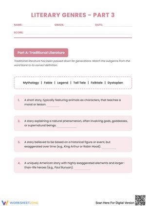 Literary Genres - Part 3: Traditional Literature and Advanced Analysis Worksheet