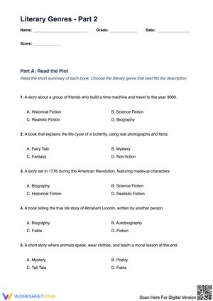 Literary Genres - Part 2: Multiple Choice Plot Summary Worksheet