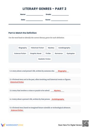 Literary Genres – Part 2 Worksheet: Matching and Identification Practice