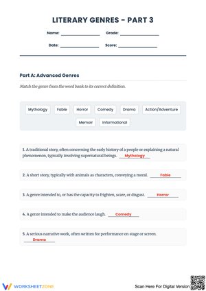 Literary Genres - Part 3: Advanced Genre Assessment Worksheet