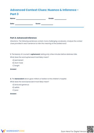 Advanced Context Clues: Nuance & Inference - Part 3 Worksheet