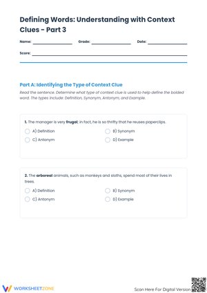 Defining Words: Understanding with Context Clues - Part 3 Worksheet