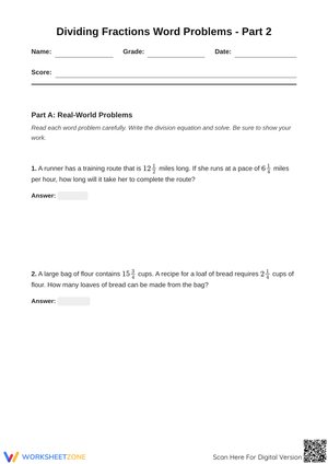 Dividing Fractions Word Problems - Part 2 Worksheet