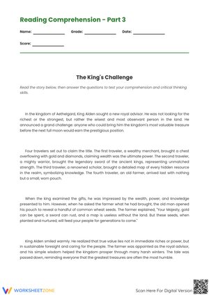 Reading Comprehension Worksheet: The King's Challenge (Part 3)