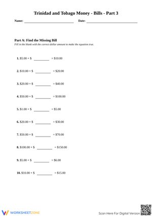 Trinidad and Tobago Money - Bills - Part 3 Worksheet
