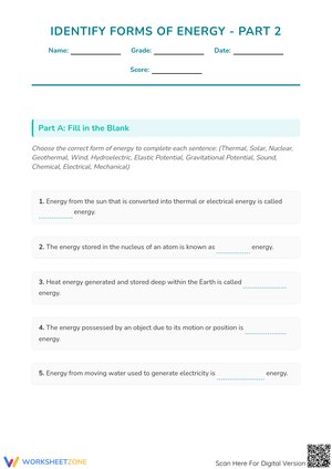 Identify Forms of Energy - Part 2: Definitions and Transformations Worksheet