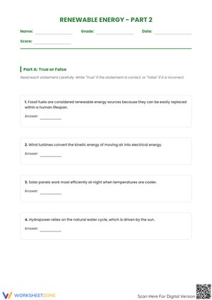 Renewable Energy - Part 2: Comprehensive Science Worksheet