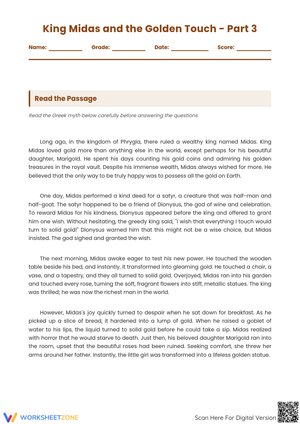 King Midas and the Golden Touch – Part 3 Reading Comprehension Worksheet