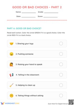 Good or Bad Choices - Part 2 Behavioral Worksheet