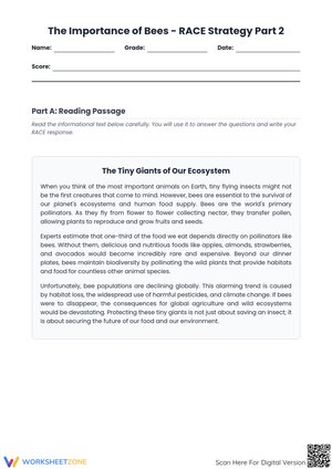 The Importance of Bees - RACE Strategy Part 2 Reading Comprehension Worksheet