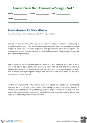 Renewable vs Non-Renewable Energy – Part 3: The Future of Energy Worksheet