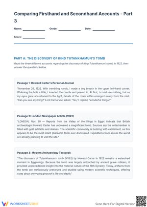 Comparing Firsthand and Secondhand Accounts Worksheet: The Discovery of King Tut's Tomb
