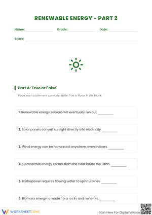Renewable Energy - Part 2: Comprehensive Science Worksheet