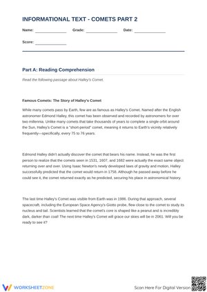 Informational Text - Comets Part 2: The Story of Halley's Comet Worksheet